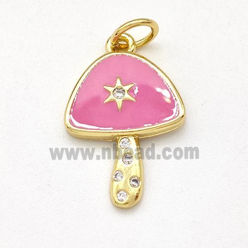 Copper Mushroom Pendant Pave Zirconia Pink Enamel Star Gold Plated