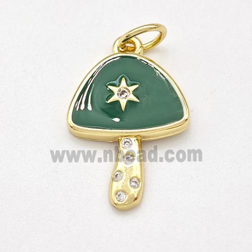 Copper Mushroom Pendant Pave Zirconia Green Enamel Star Gold Plated