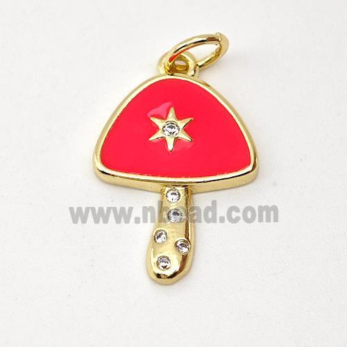 Copper Mushroom Pendant Pave Zirconia Red Enamel Star Gold Plated