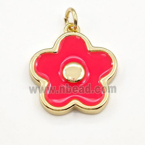 Copper Flower Pendant Red Enamel Gold Plated