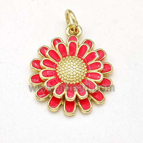 Copper Sunflower Pendant Red Enamel Gold Plated