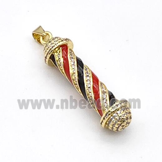 Barber Pole Charms Copper Stick Pendant Pave Zirconia Black Red Enamel Gold Plated