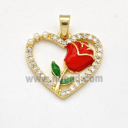 Copper Heart Pendant Pave Zirconia Red Enamel Flower Gold Plated