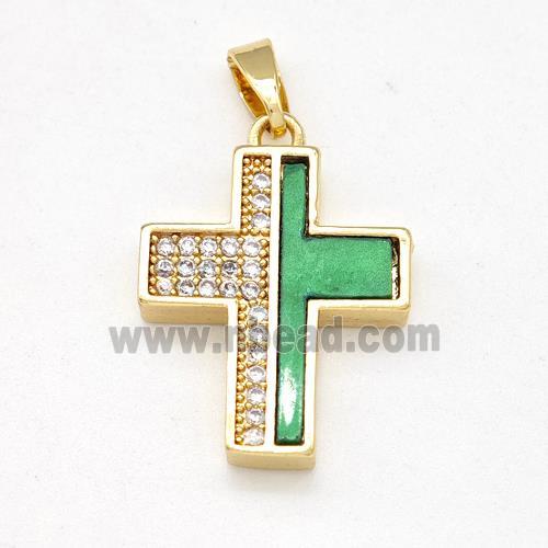 Copper Cross Pendant Pave Zirconia Green Shell Gold Plated