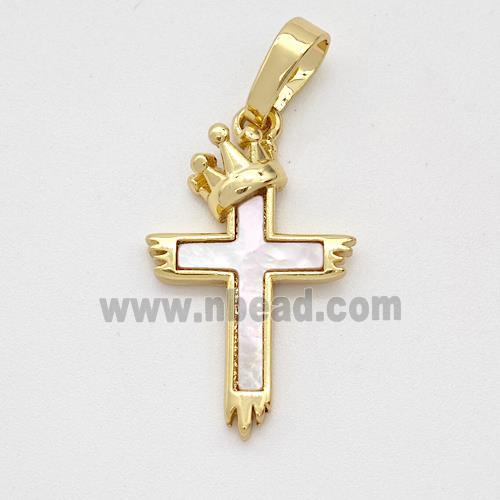 Copper Cross Pendant Pave Shell Crown Gold Plated