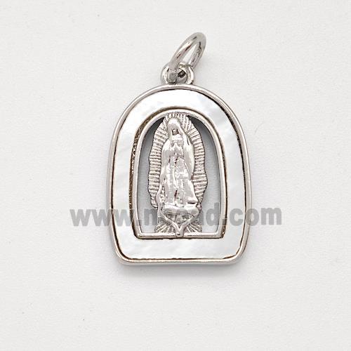 Virgin Mary Charms Copper Pendant Pave Shell Platinum Plated