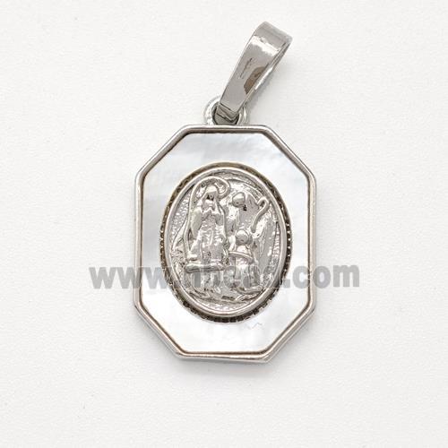 Virgin Mary Charms Copper Pendant Pave Shell Platinum Plated