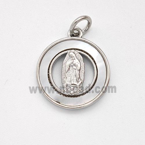 Virgin Mary Charms Copper Pendant Pave Shell Platinum Plated