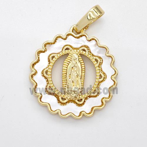 Virgin Mary Charms Copper Pendant Pave Shell Gold Plated