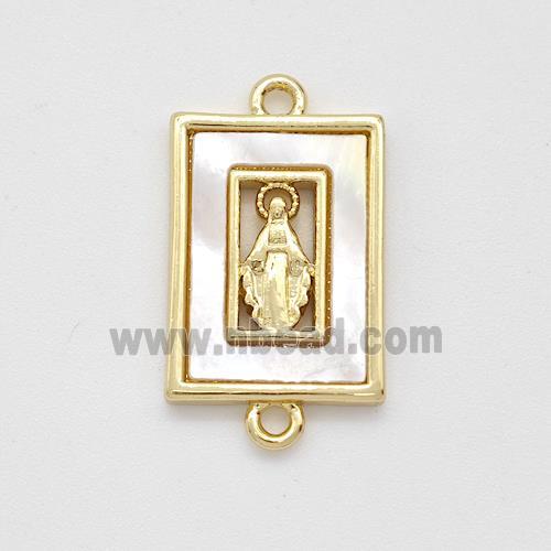 Virgin Mary Charms Copper Rectangle Connector Pave Shell Gold Plated