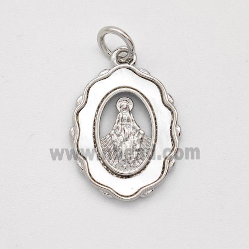 Virgin Mary Charms Copper Pendant Pave Shell Platinum Plated