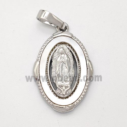 Virgin Mary Charms Copper Pendant Pave Shell Platinum Plated