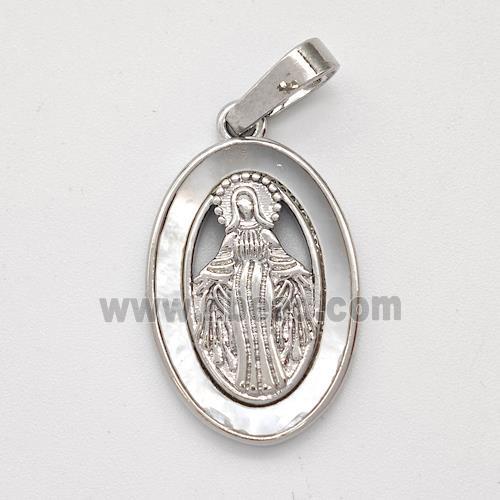 Virgin Mary Charms Copper Pendant Pave Shell Platinum Plated