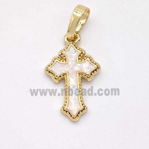 Copper Cross Pendant Pave White Fire Opal 18K Gold Plated