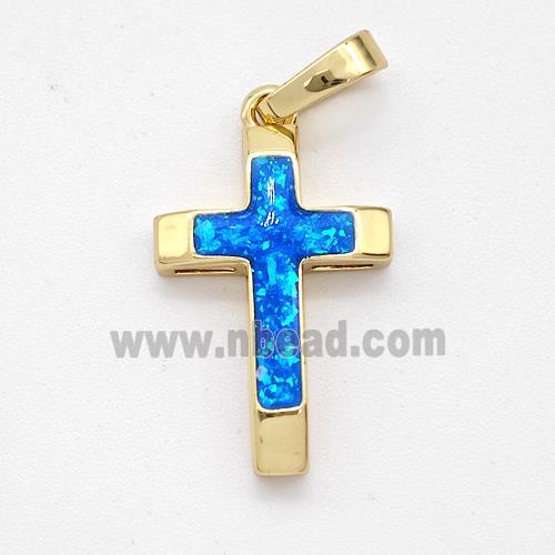 Copper Cross Pendant Pave Blue Fire Opal 18K Gold Plated