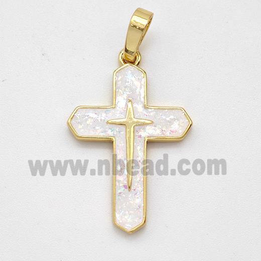 Copper Cross Pendant Pave White Fire Opal 18K Gold Plated