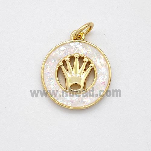 Copper Crown Pendant Pave White Fire Opal Circle 18K Gold Plated