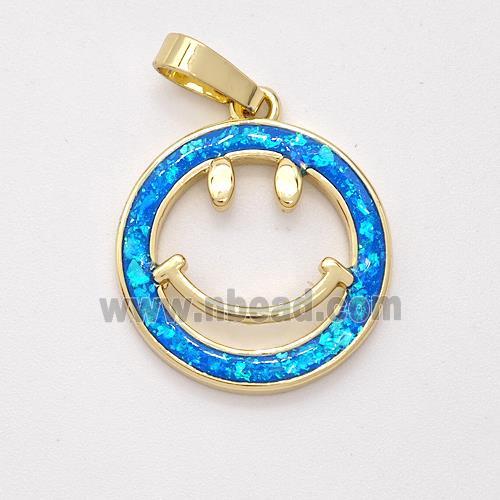 Copper Emoji Pendant Pave Blue Fire Opal Smileface 18K Gold Plated