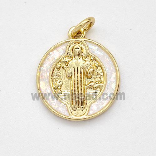 Jesus Charms Copper Pendant Pave White Fire Opal 18K Gold Plated