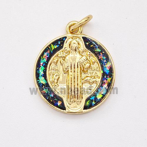 Jesus Charms Copper Pendant Pave Fire Opal 18K Gold Plated