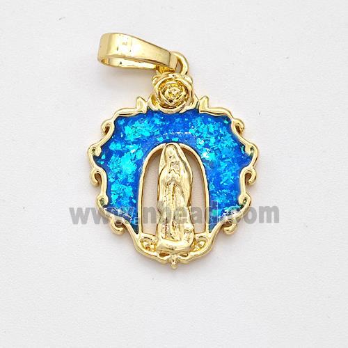 Jesus Charms Copper Pendant Pave Blue Fire Opal 18K Gold Plated