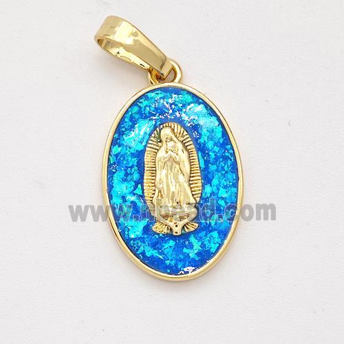 Virgin Mary Charms Copper Pendant Pave Blue Fire Opal 18K Gold Plated