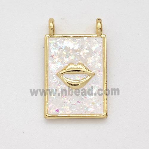 Copper Lips Charms Pendant Pave White Fire Opal Rectangle 2loops 18K Gold Plated