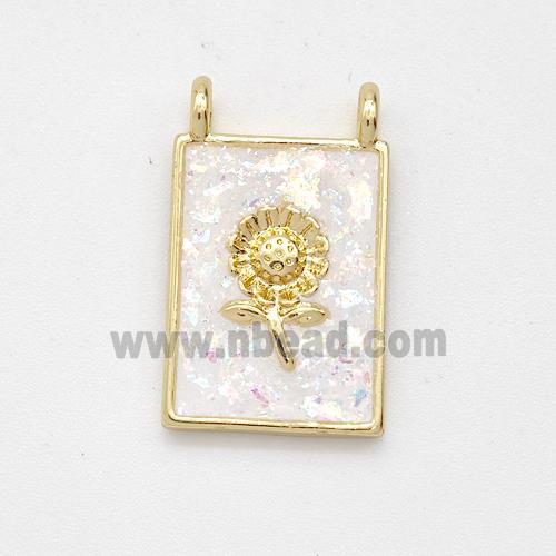 Copper Sunflower Pendant Pave White Fire Opal Rectangle 2loops 18K Gold Plated