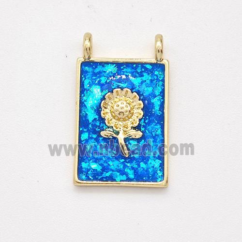 Copper Sunflower Pendant Pave Blue Fire Opal Rectangle 2loops 18K Gold Plated