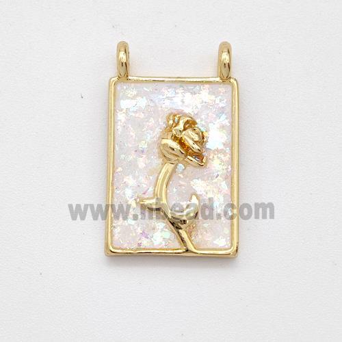 Copper Flower Pendant Pave White Fire Opal Rectangle 2loops 18K Gold Plated