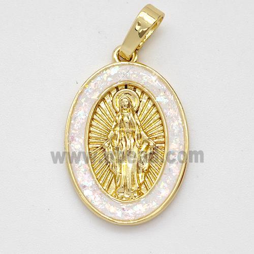 Virgin Mary Charms Copper Pendant Pave White Fire Opal 18K Gold Plated