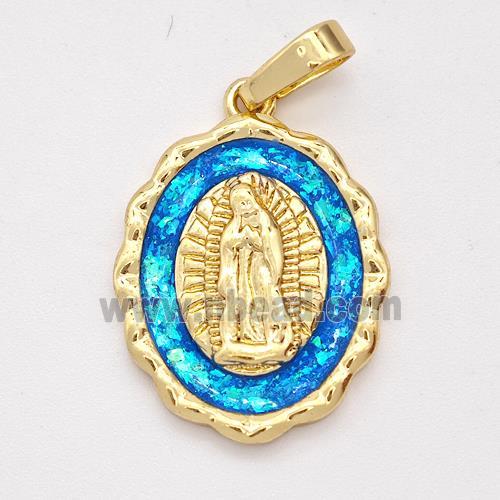 Virgin Mary Charms Copper Pendant Pave Blue Fire Opal 18K Gold Plated