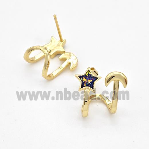 Copper Stud Earrings Pave Fire Opal Star Moon 18K Gold Plated