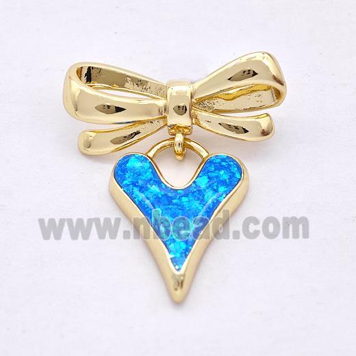 Copper Heart Stud Earrings Pave Blue Fire Opal Bow 18K Gold Plated