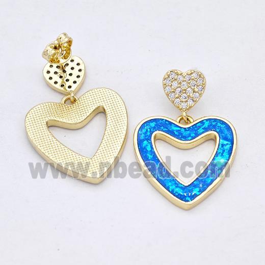 Copper Heart Stud Earrings Pave Blue Fire Opal Zirconia 18K Gold Plated