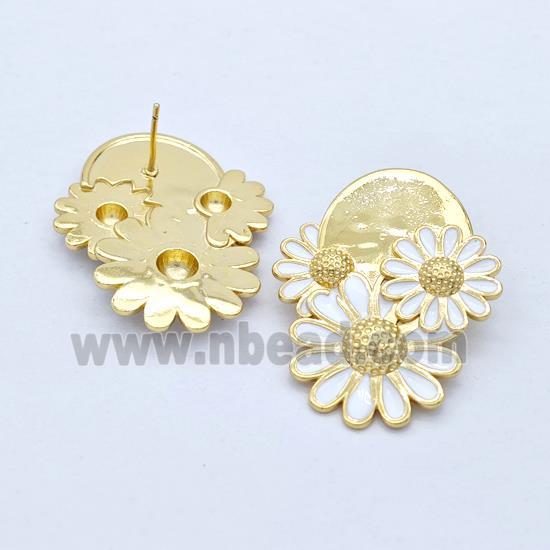 Copper Sunflower Stud Earrings White Enamel Gold Plated