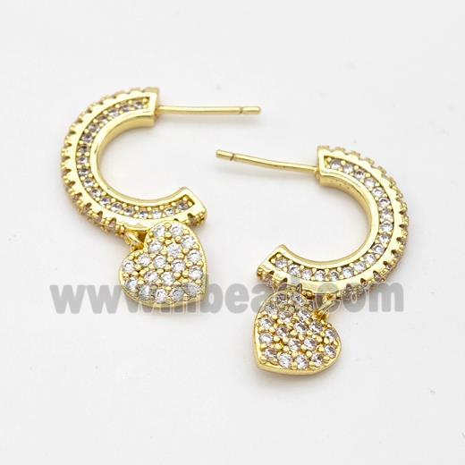 Copper Stud Earrings Micro Pave Zirconia Heart Gold Plated