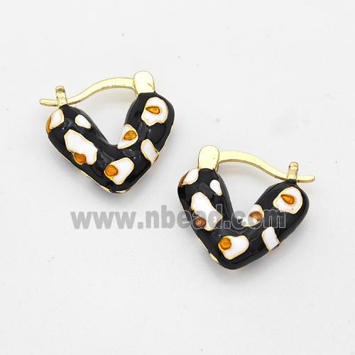 Copper Latchback Earrings Heart Black Enamel Gold Plated