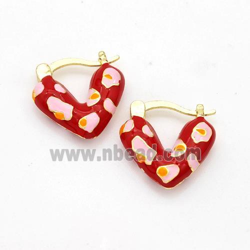 Copper Latchback Earrings Heart Red Enamel Gold Plated