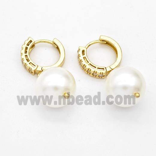 Copper Hoop Earrings Pave Zirconia White Pearlized Plastic Gold Plated