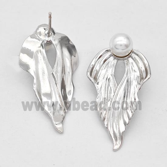 Copper Angel Wings Stud Earrings Pave Pearlized Plastic Platinum Plated