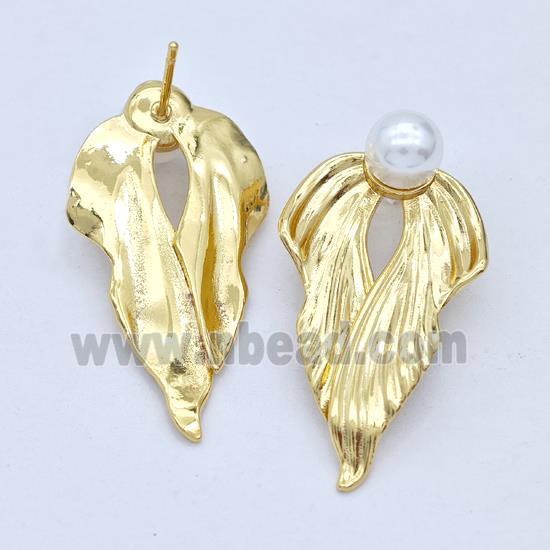 Copper Angel Wings Stud Earrings Pave Pearlized Plastic Gold Plated