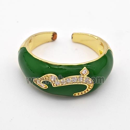 Copper Rings Pave Zirconia Green Enamel Seahorse Gold Plated