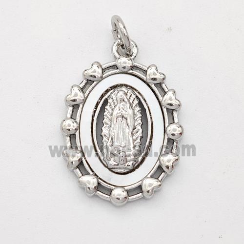 Virgin Mary Charms Copper Pendant Pave Shell Platinum Plated