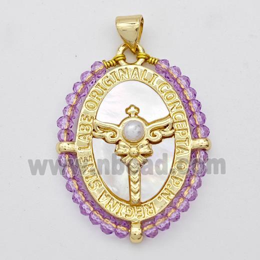 Copper Oval Pendant Pave Shell Angel Wing Cross Crystal Glass Wire Wrapped 18K Gold Plated