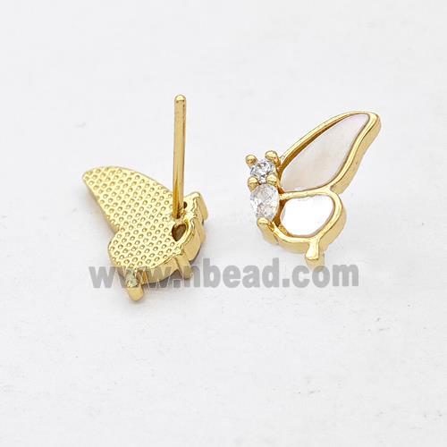 Copper Butterfly Stud Earrings Pave Shell Zirconia 18K Gold Plated