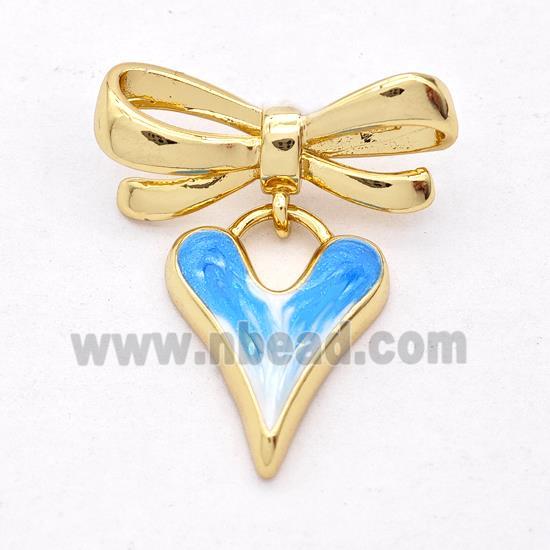 Copper Bowknot Heart Pendant Blue Painted 18K Gold Plated