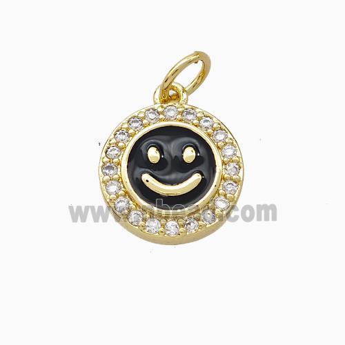 Copper Emoji Pendant Pave Zirconia Black Enamel Smile Face Gold Plated