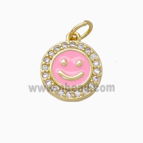 Copper Emoji Pendant Pave Zirconia Pink Enamel Smile Face Gold Plated