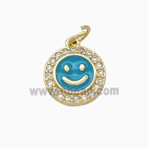 Copper Emoji Pendant Pave Zirconia Teal Enamel Smile Face Gold Plated